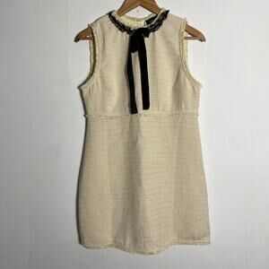 Cider Womans‎ Cream Tweed Bow Tie Mini Dress SZ L Work Office Siren Academia NWT
